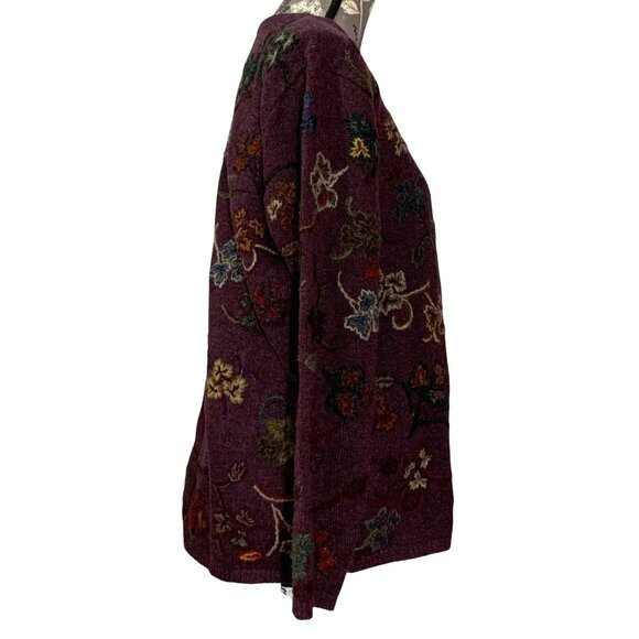 TALBOTS Pure Wool Burgundy Floral Fall Leaves Embroidered Cardigan Sweater SZ M - Picture 2 of 8